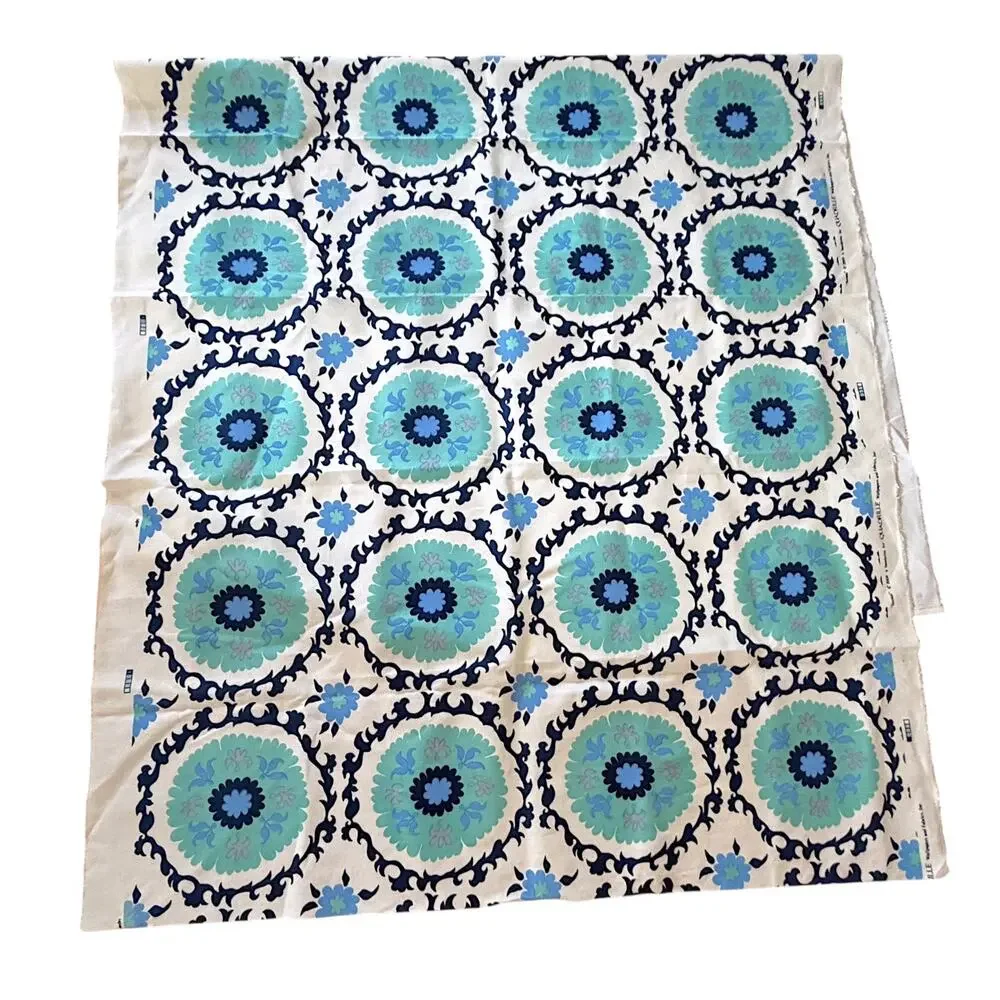 Vtg Quadrille Suzani Medallion Fabric Remnant 3 1/8 Yd Teal Aqua Blue Off White